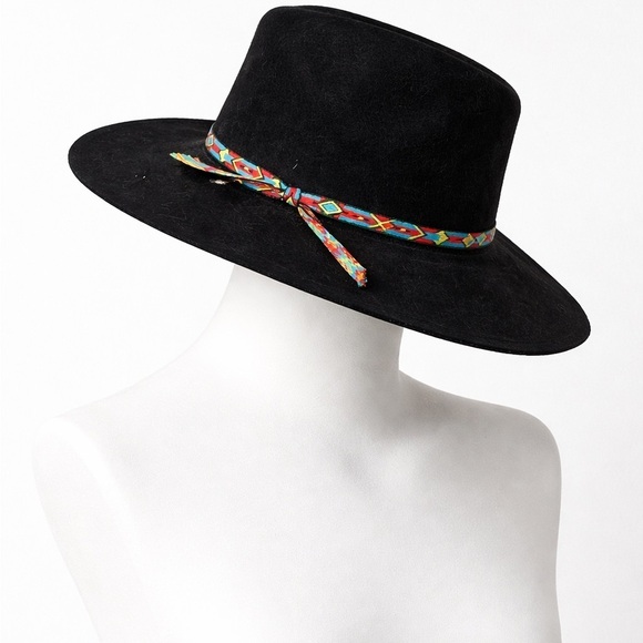 Vintage Accessories - Black Wool Fedora Hat w/ Colorful Woven Band Boho Western Prairie